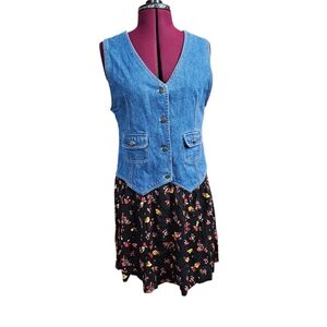1990's Vinage Denim Vest Floral Dress